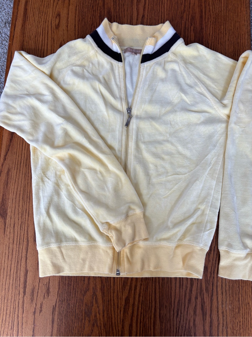 Pastel Yellow Zip Front Pullover with Contrast Collar Size Medium Velour